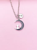 Cat on Moon Necklace, Initial Charm, Personalized Stainless Steel Chain