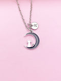 Cat on Moon Necklace, Initial Charm, Personalized Stainless Steel Chain