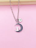 Cat on Moon Necklace, Initial Charm, Personalized Stainless Steel Chain