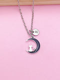 Cat on Moon Necklace, Initial Charm, Personalized Stainless Steel Chain