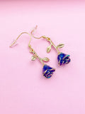 Gold Blue Rose Flower Earrings, N3108