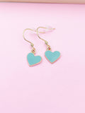 Gold Blue Heart Charm Earrings Girlfriends Gifts Ideas Personalized Customized Made to Order Jewelry, AN4321
