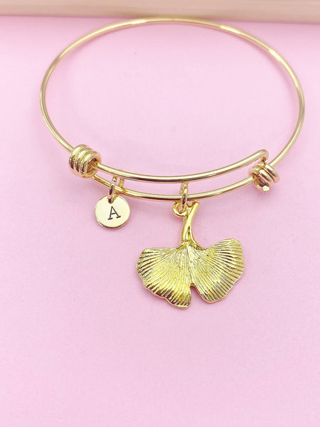 Gold Gingko Ginkgo Leaf Charm Bracelet Nature Gifts Ideas Personalized Customized Monogram Made to Order Jewelry, N5484