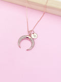 Rose Gold Cubic Zirconia Crescent Moon Necklace, Personalized Initial Charm