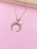 Rose Gold Cubic Zirconia Crescent Moon Necklace, Personalized Initial Charm