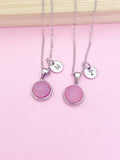 Silver Pink Druzy Agate Charm Necklace Bridesmaid Wedding Gifts Idea Personalized Customized Made to Order, CDN5259