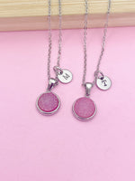 Silver Pink Druzy Agate Charm Necklace Bridesmaid Wedding Gifts Idea Personalized Customized Made to Order, CDN5259