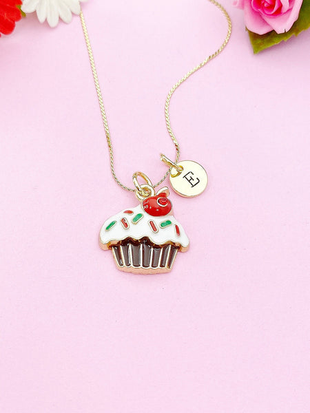 Gold Cupcake Charm Necklace Baker Bakery Shop Gift Ideas Personalized Customized Jewelry, AN4341