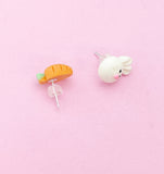 Cute White Rabbit and Orange Carrot 925 Sterling Silver Stud Earrings Easter Gifts Idea Made to Order Jewelry, N5489