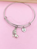 Silver Mother and Baby Giraffe Bangle Bracelet, Personalized Initial Charm