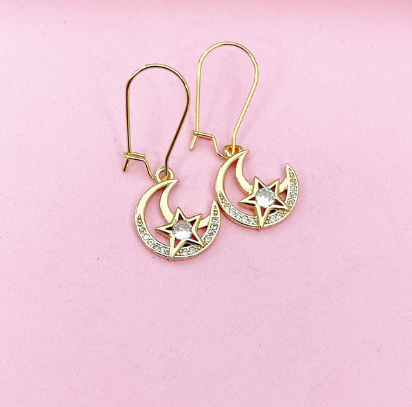 Gold Moon with Star Charm Earrings Best Friends Gifts Ideas Personalized Customized Made to Order Jewelry, AN4109