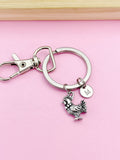 Silver Chicken Keychain, Farmer Gift with Personalized Initial