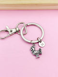 Silver Chicken Keychain, Farmer Gift with Personalized Initial