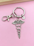 Caduceus Charm Keychain, Personalized Initial, Medical Gift