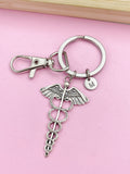 Caduceus Charm Keychain, Personalized Initial, Medical Gift