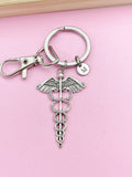 Caduceus Charm Keychain, Personalized Initial, Medical Gift