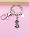 Silver Violin Keychain with Initial Charm, Personalized Gift