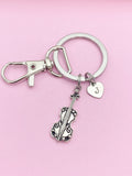 Silver Violin Keychain with Initial Charm, Personalized Gift