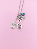Silver Treble Clef Music Note Violin Viola Charm Necklace, Birthstone Jewelry, N3107