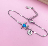 Silver Sea Turtle Charm Bracelet Synthetic Opal Sea Ocean Gifts Ideas Personalized Customize Made to Order, N5561