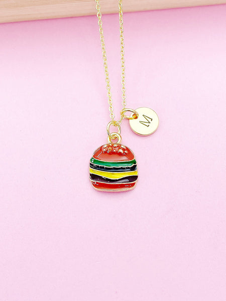 Gold Burger Charm Necklace Hamburger Foodie Customize Personalize N3982