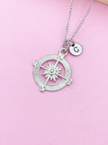 Silver Compass Necklace, Initial Charm, Graduation Gift