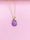 Gold Natural Amethyst Charm Necklace Personalized Customized Gemstone Monogram Made to Order Jewelry, N5449