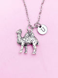 Silver Camel Necklace, Personalized Initial Charm, Desert Animal Jewelry