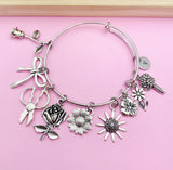 Silver Florist Charm Bracelet, Scissor, Rose, Sunflower, Initial Bangle