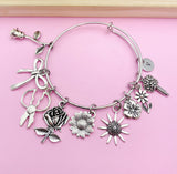 Silver Florist Charm Bracelet, Scissor, Rose, Sunflower, Initial Bangle
