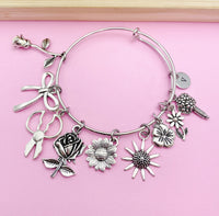 Silver Florist Bracelet Scissor Ribbon Bouquet Flower Daisy Sunflower Rose Charm, Florist Charm, Florist Gift, N1394