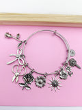 Silver Florist Charm Bracelet, Scissor, Rose, Sunflower, Initial Bangle