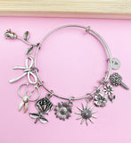 Silver Florist Charm Bracelet, Scissor, Rose, Sunflower, Initial Bangle