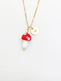 Mushroom Necklace, Red Mushroom Charm, Valentine Gift, Birthday Gift, Personized Initial Necklace, N5037