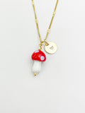 Mushroom Necklace, Red Mushroom Charm, Valentine Gift, Birthday Gift, Personized Initial Necklace, N5037