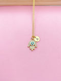 Gold Hamsa Evil Eye Necklace, Initial Charm, Kabbalah Gift