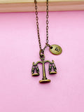 Scales of Justice Necklace, Bronze Scale Charm, Initial Necklace