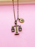 Scales of Justice Necklace, Bronze Scale Charm, Initial Necklace