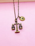 Scales of Justice Necklace, Bronze Scale Charm, Initial Necklace