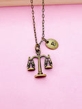 Scales of Justice Necklace, Bronze Scale Charm, Initial Necklace