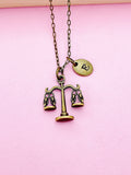 Scales of Justice Necklace, Bronze Scale Charm, Initial Necklace