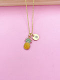 Gold Pineapple Charm Necklace, Personalized Initial Pendant