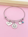 Nana Sunflower Charm Bangle Bracelet, Personalized Initial, Mother's Day Gift