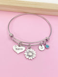 Nana Sunflower Charm Bangle Bracelet, Personalized Initial, Mother's Day Gift