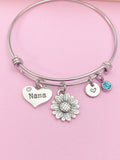 Nana Sunflower Charm Bangle Bracelet, Personalized Initial, Mother's Day Gift