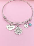 Silver Nana Sunflower Heart Charm Necklace Mother Day Gift Idea for Grandmother Personalized Customized Made to Order, N3262