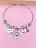 Nana Sunflower Charm Bangle Bracelet, Personalized Initial, Mother's Day Gift