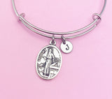 Saint Luke Charm Bangle Bracelet, Personalized Initial, Daughter Gift