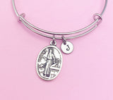 Saint Luke Charm Bangle Bracelet, Personalized Initial, Daughter Gift