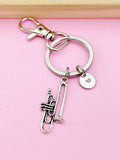 Silver Trumpet Keychain, Personalized Initial Charm, Band Student Gift
